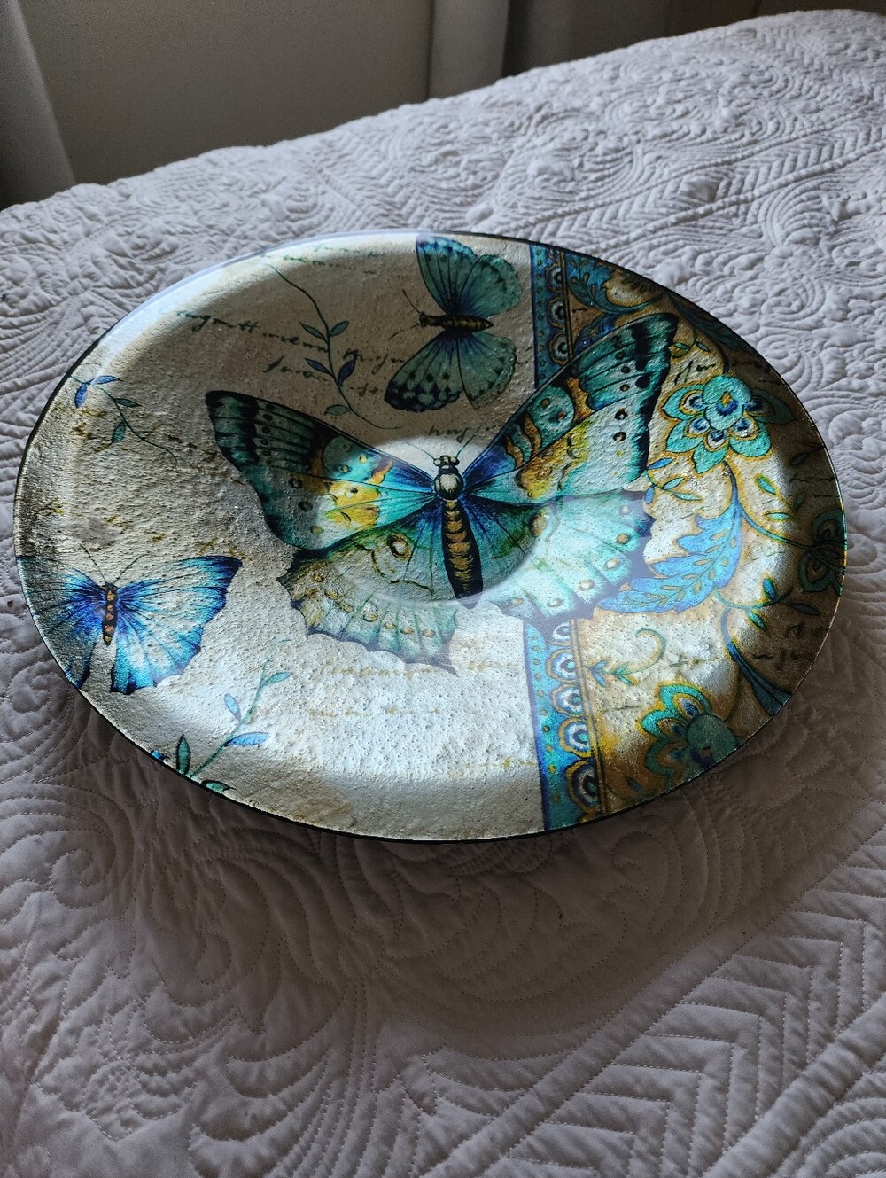 LARGE Glass BUTTERFLY Bowl 16" Gold Silver Blue Turquoise Glitter WHIMSICAL